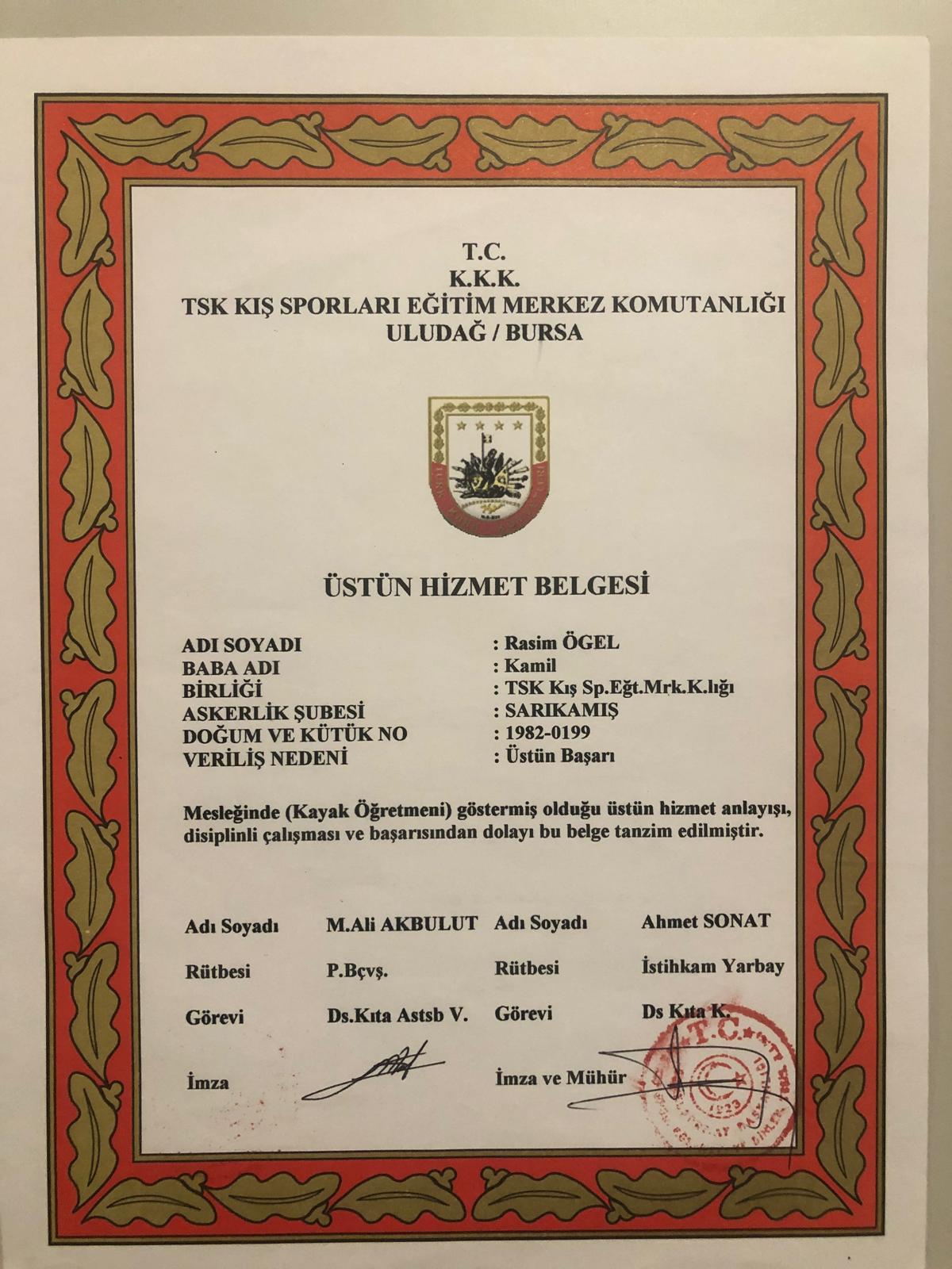 Rasim Hoca TSK Kış Sporları Eğitim Merkezi Üstün Hizmet Belgesi - Kayak Öğretmeni